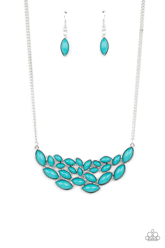 Encased in sleek silver frames, a collection of marquise shaped blue beads delicately coalesce into a leafy pendant below the collar for a whimsical pop of color. Features an adjustable clasp closure.  Sold as one individual necklace. Includes one pair of matching earrings.