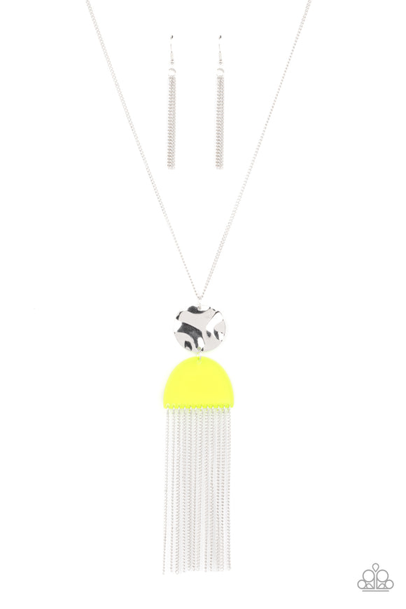 A hammered silver disc connects to a neon yellow half moon acrylic frame at the bottom of a lengthened silver chain. A curtain of shimmery chains stream from the bottom of the stacked pendant, adding flirtatious movement to the colorful display. Features an adjustable clasp closure.  Sold as one individual necklace. Includes one pair of matching earrings.