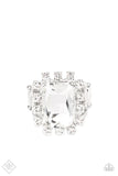 Featuring dainty silver square fittings, an explosion of glassy white rhinestones fans out from a dramatically oversized emerald cut rhinestone center, creating a stellar centerpiece atop the finger. Features a stretchy band for flexible fit.  Sold as one individual ring.