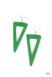 Painted in a shiny green finish, a sharp triangular wooden frame swings from the ear for a fiercely earthy look. Earring attaches to a standard fishhook fitting.  Sold as one pair of earrings.