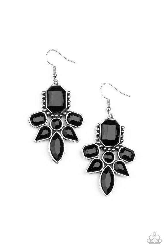 Featuring regal emerald, classic round, and tranquil teardrop shapes, a faceted collection of black rhinestones coalesce into a glamorous frame. Earring attaches to a standard fishhook fitting.  Sold as one pair of earrings.