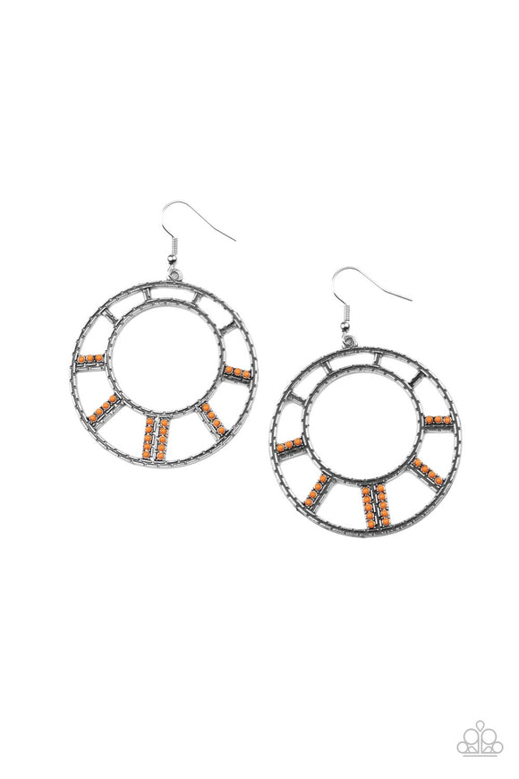 Stacks of dainty Marigold beads flare out from a textured silver frame, creating a colorful sunburst pattern. Earring attaches to a standard fishhook fitting.  Sold as one pair of earrings.