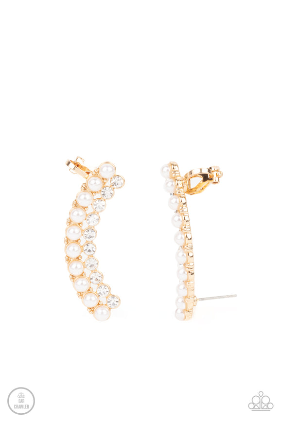 Featuring classic gold fittings, two rows of dainty white pearls and glassy white rhinestones arch into a timeless statement piece. Earring attaches to a standard post earring. Features a clip-on fitting at the top for a secure fit.  Sold as one pair of ear crawlers.
