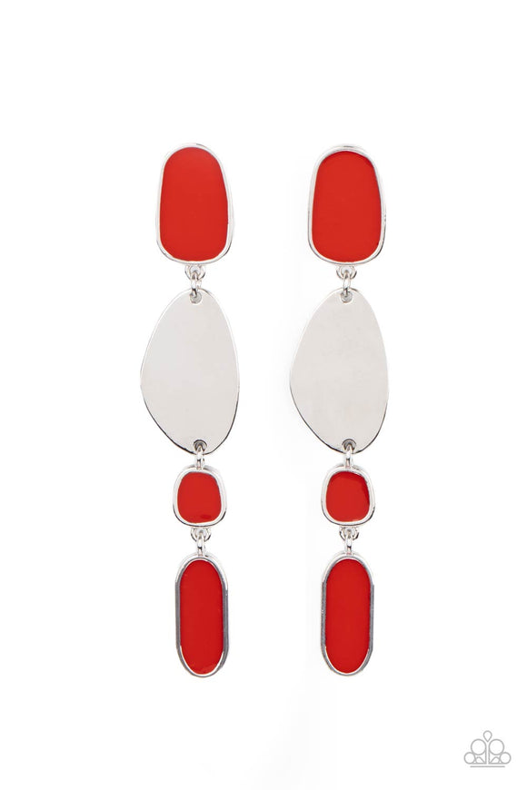 Painted in a fiery red finish, a shiny collection of asymmetrical frames link with a glistening silver frame, creating an abstract lure. Earring attaches to a standard post fitting.  Sold as one pair of post earrings.