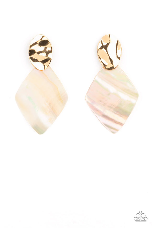 An iridescent shell-like frame attaches to the bottom of a hammered shiny gold oval, creating a refined centerpiece. Earring attaches to a standard post fitting.  Sold as one pair of post earrings.
