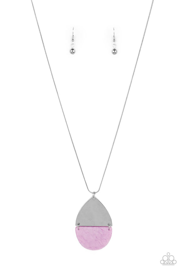 A purple shell-like half moon frame links to a shiny silver triangular plate at the bottom of a lengthened silver snake chain, creating a summery pendant. Features an adjustable clasp closure.  Sold as one individual necklace. Includes one pair of matching earrings.