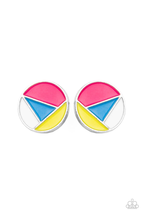 A dainty round frame is painted in pink, blue, yellow, and white geometric sections, creating an abstract display. Earring attaches to a standard post fitting.  Sold as one pair of post earrings.
