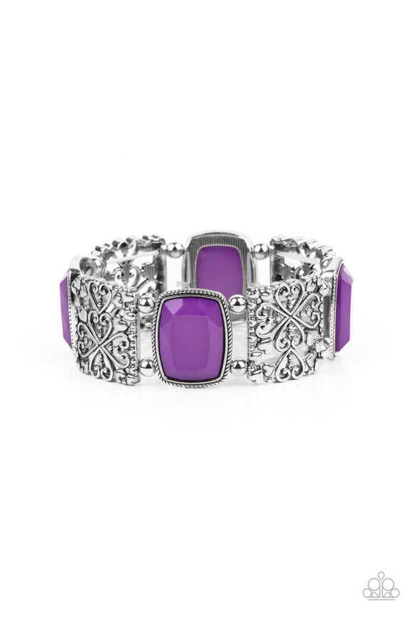 Infused with dainty silver heart accents, whimsically filled silver filigree frames and faceted Amethyst Orchid beads are threaded along stretchy bands around the wrist for a colorful flair.  Sold as one individual bracelet.