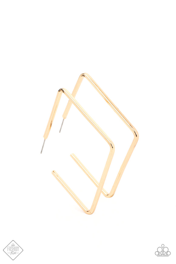 A deceptively simple square frame is tilted on point to create a geometric hoop. Its sharp angles are complemented by its rich gold finish, making a lasting impression. Earring attaches to a standard post fitting. Hoop measures approximately 2