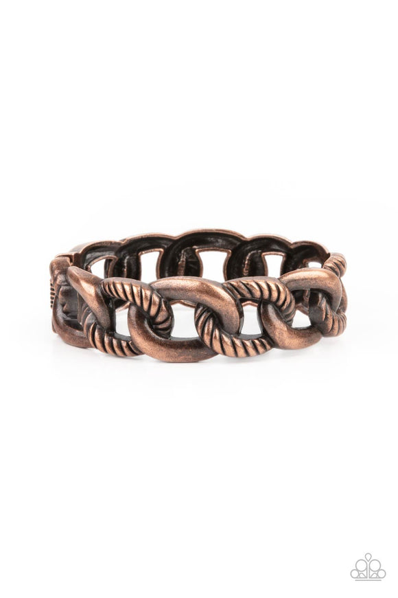 Featuring plain and textured finishes, chunky copper links interconnect into an edgy bangle-like cuff. Features a hinged closure.  Sold as one individual bracelet.