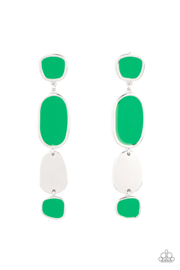 Painted in a shiny Mint finish, asymmetrical frames attach to a single silver frame, creating an abstract lure. Earring attaches to a standard post fitting.  Sold as one pair of post earrings.