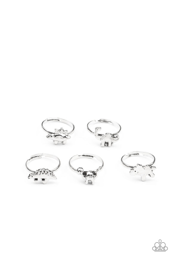 Five rings in assorted colors and shapes. The prehistoric world is at your fingertips. Features stegosaurus, brontosaurus, and more in silver shapes atop the finger.