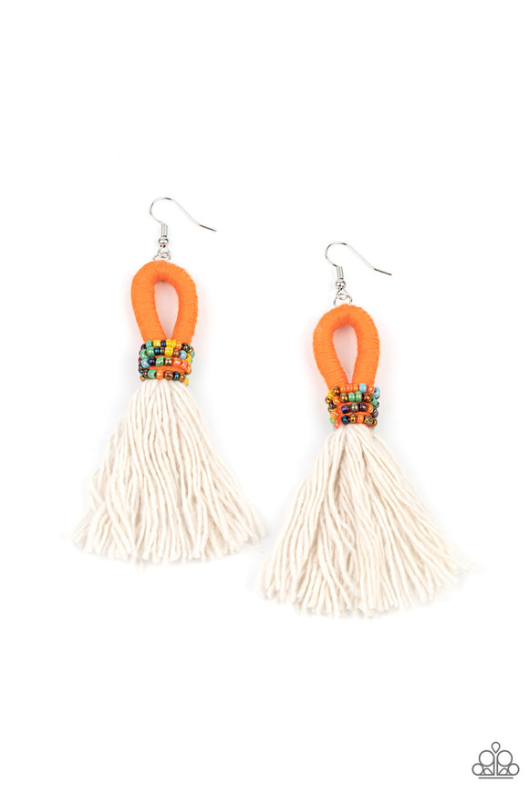 A tassel of soft white cotton fans out under rows of brightly colored seed beads. Anchored by a loop of vibrant orange floss, the eye-catching style swings from the ear for a show-stopping statement. Earring attaches to a standard fishhook fitting.  Sold as one pair of earrings.