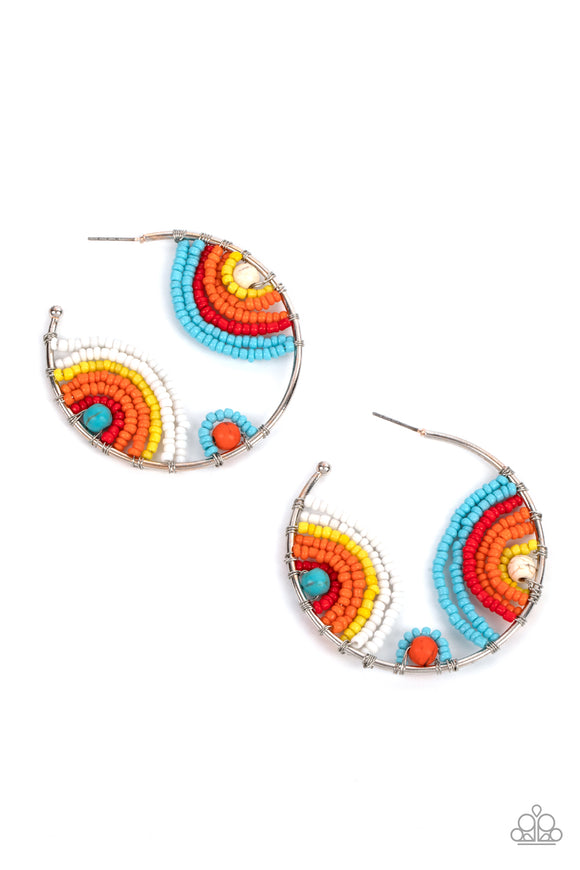 Rows of turquoise, red, orange, yellow, and white seed beads curl around turquoise, orange, and white stone centers, creating colorful rainbows inside a delicate wire wrapped hoop. Hoop measures approximately 2