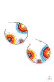 Rows of turquoise, red, orange, yellow, and white seed beads curl around turquoise, orange, and white stone centers, creating colorful rainbows inside a delicate wire wrapped hoop. Hoop measures approximately 2" in diameter. Earring attaches to a standard post fitting.  Sold as one pair of hoop earrings.