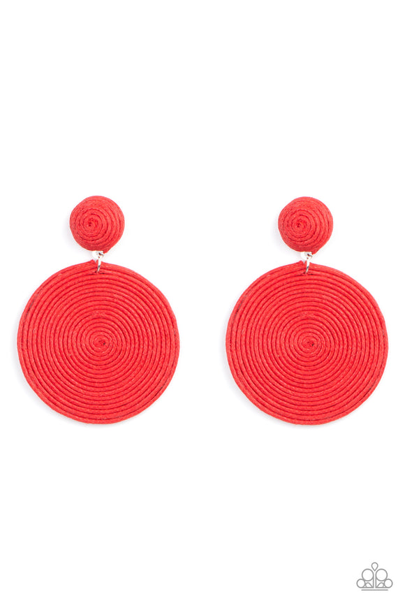 A generous disc of red thread spirals around and around for a dizzying finish as it connects to a red button post. Earring attaches to a standard post fitting.  Sold as one pair of post earrings.