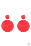 A generous disc of red thread spirals around and around for a dizzying finish as it connects to a red button post. Earring attaches to a standard post fitting.  Sold as one pair of post earrings.