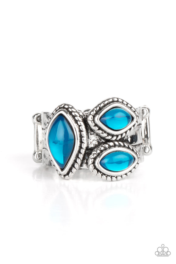 A trio of glassy blue marquise beads embellish the front of a hammered silver band etched in faux layers, creating an ethereal display atop the finger. Features a stretchy band for a flexible fit.  Sold as one individual ring.