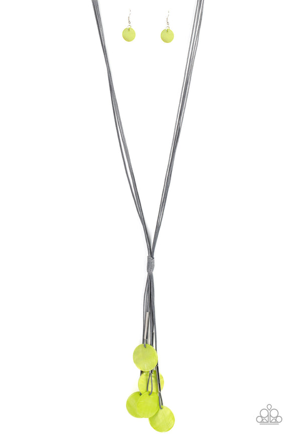 Featuring cylindrical silver accents, iridescent green shell-like discs swing from the ends of knotted Ultimate Gray cords, creating a vivacious tassel. Features an adjustable sliding knot closure.  Sold as one individual necklace. Includes one pair of matching earrings.