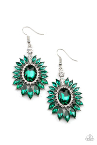 Glittery dark green marquise cut rhinestones fan out from a green oval gem center bordered in dainty white rhinestones, creating a sparkly floral frame. Earring attaches to a standard fishhook fitting.  Sold as one pair of earrings.