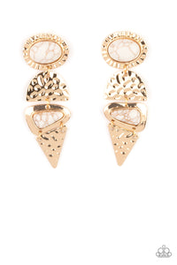 Dotted with oval and triangular white stone accents, mismatched gold frames alternate with hammered geometric gold plates, creating an elegantly earthy lure. Earring attaches to a standard post fitting.  Sold as one pair of post earrings.