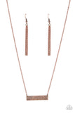 The word "Family," is inscribed between symbolic life lines on a rectangular copper plate creating an affectionate keepsake on a dainty copper chain below the collar. Features an adjustable clasp closure.  Sold as one individual necklace. Includes one pair of matching earrings. 