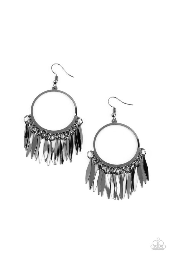 Flared flat bars stream out from the bottom of a glistening gunmetal hoop, creating a radiant fringe. Earring attaches to a standard fishhook fitting.  Sold as one pair of earrings.