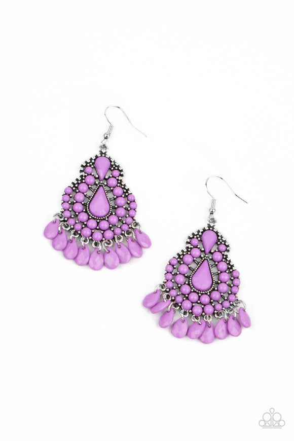 Amethyst Orchid beads dress up an irregular-shaped antiqued silver teardrop frame. A row of faceted teardrop beads creates a flirty fringe along the bottom of the frame for a posh finish. Earring attaches to a standard fishhook fitting.  Sold as one pair of earrings.
