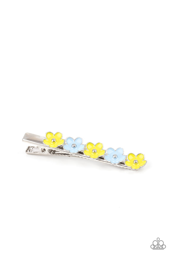 Dotted with silver studded centers, dainty Illuminating and Cerulean flowers bloom across the front of a dainty classic silver hair clip for a whimsy garden inspiration.  Sold as one individual hair clip.
