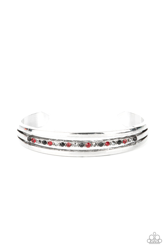 Two glistening silver bars flank a row of black, red, and hematite rhinestones, coalescing into a dainty layered cuff around the wrist for a dash of refined edge.  Sold as one individual bracelet.