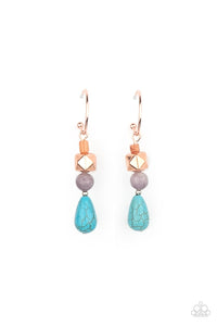 A charismatic collection of glassy, amethyst, and turquoise stone beads, accented with a shiny copper faceted square bead, are threaded onto a pin which dangles from a dainty shiny copper hoop. Earring attaches to a standard post fitting. Hoop measures approximately 3/4" in diameter.  Sold as one pair of hoop earrings.