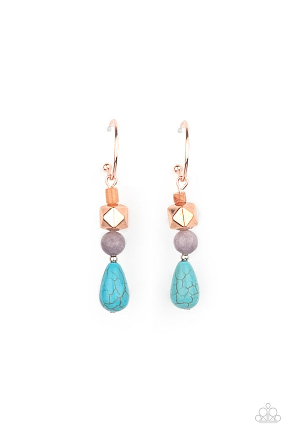 A charismatic collection of glassy, amethyst, and turquoise stone beads, accented with a shiny copper faceted square bead, are threaded onto a pin which dangles from a dainty shiny copper hoop. Earring attaches to a standard post fitting. Hoop measures approximately 3/4