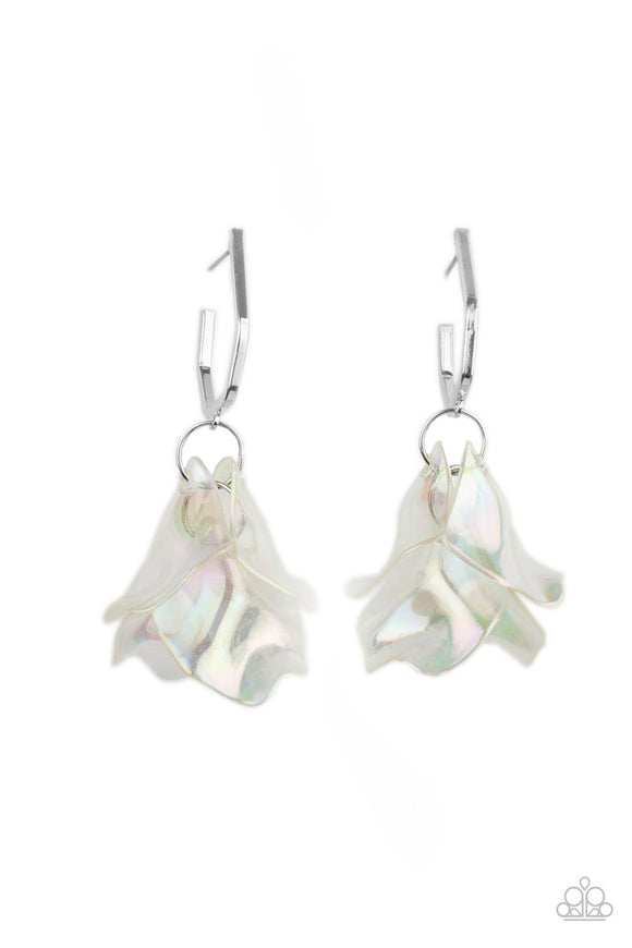 A cluster of iridescent acrylic petals swing from the bottom of a dainty silver geometric hoop, creating an ethereal edge. Earring attaches to a standard post fitting. Hoop measures approximately 1