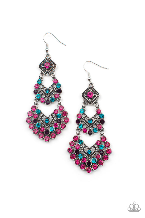 A glittery explosion of multicolored rhinestones coalesce into three sparkly frames that delicately link into a studded chandelier, creating a dramatic statement piece. Earring attaches to a standard fishhook fitting.  Sold as one pair of earrings.