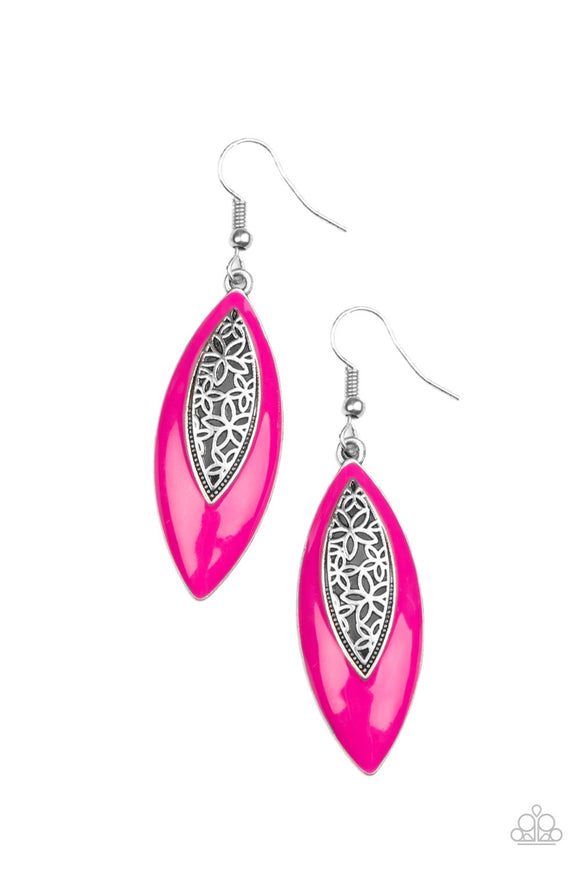 Asymmetrically bordered in a Fuchsia Fedora frame, airy silver filigree blooms along the center of a colorful lure for a seasonal flair. Earring attaches to a standard fishhook fitting.  Sold as one pair of earrings.