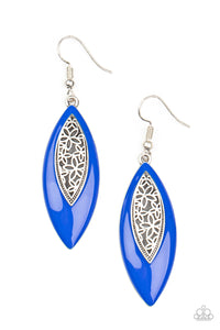 Asymmetrically bordered in a bright Mykonos Blue frame, airy silver filigree blooms along the center of a colorful lure for a seasonal flair. Earring attaches to a standard fishhook fitting.  Sold as one pair of earrings.