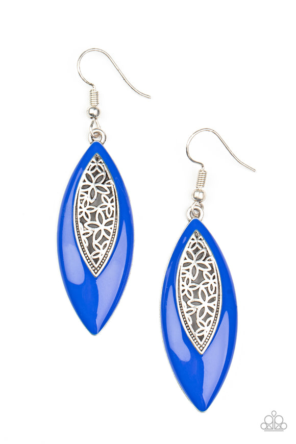 Asymmetrically bordered in a bright Mykonos Blue frame, airy silver filigree blooms along the center of a colorful lure for a seasonal flair. Earring attaches to a standard fishhook fitting.  Sold as one pair of earrings.