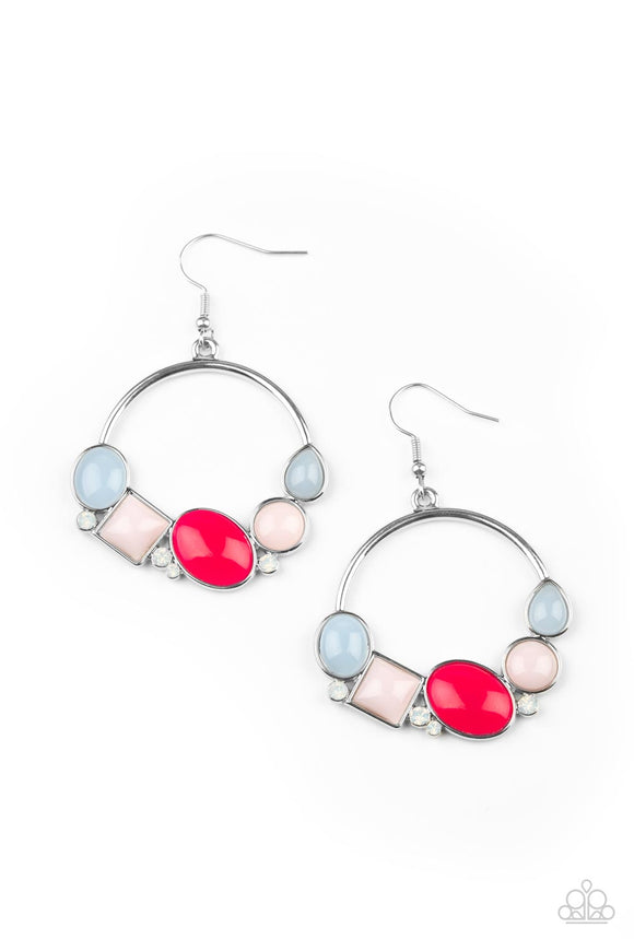 Dainty opalescent white rhinestones are sprinkled between mismatched dewy Cerulean, pink, and Raspberry Sorbet beads along the bottom of a silver hoop, creating a bubbly pop of color. Earring attaches to a standard fishhook fitting.  Sold as one pair of earrings.