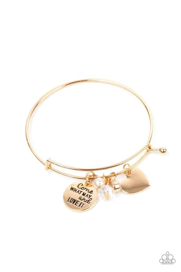 Infused with a shiny gold heart frame, a dainty gold disc stamped in the phrase, 