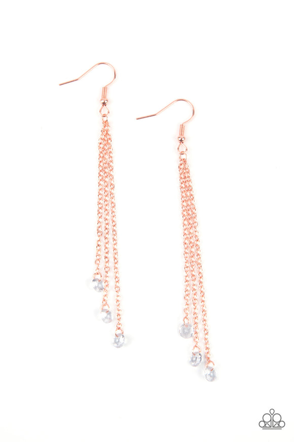 A trio of dainty white rhinestones sparkle like dewdrops as they dangle from the ends of dainty copper chains for a refreshingly divine lure. Earring attaches to a standard fishhook fitting.  Sold as one pair of earrings.