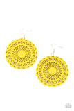 Painted in a sunny yellow finish, a stenciled wooden frame is cutout into a radiating sunburst frame for a colorfully tropic look. Earring attaches to a standard fishhook fitting.  Sold as one pair of earrings.