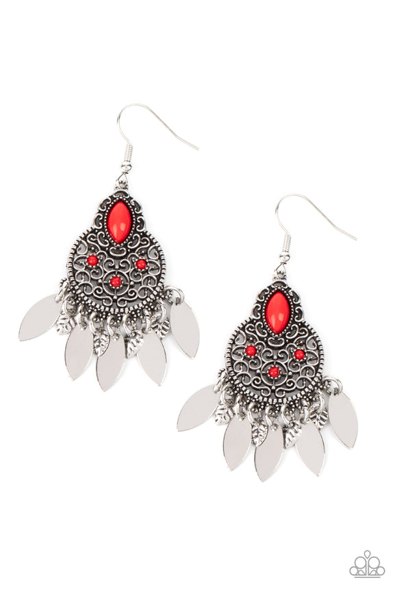 Dainty red beads are sprinkled across the front of a rounded frame filled with vine-like filigree. Crowned with a matching marquise bead, the whimsical frame gives way to a fringe of flat silver marquise-shaped discs and dainty silver leaf charms for a musical finish. Earring attaches to a standard fishhook fitting.  Sold as one pair of earrings.
