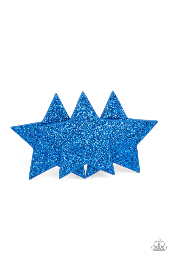 Dusted in glittery sparkles, dazzling blue leather stars delicately overlap into a stellar centerpiece for a sparkly patriotic finish. Features a standard hair clip on the back.