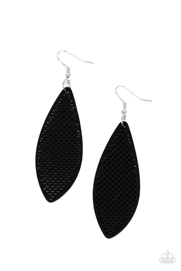 In an asymmetrical surfboard-like shape, lightweight wooden frames are painted in a deep black finish and filled with a screen-like pattern creating a whimsically beachy design. Earring attaches to a standard fishhook fitting.