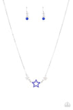 A blue rhinestone encrusted silver star is flanked by two dainty white rhinestone encrusted silver stars, creating a sparkly patriotic pendant below the collar. Features an adjustable clasp closure.  Sold as one individual necklace. Includes one pair of matching earrings.