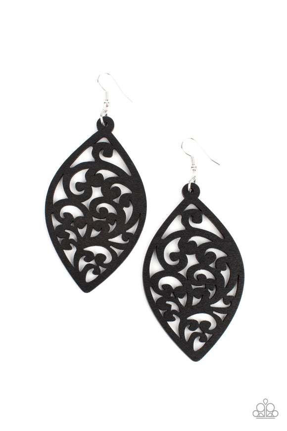 Painted in a shiny black finish, a floral motif permeates an airy oval wooden frame creating a tropical-inspired lure. Earring attaches to a standard fishhook fitting.  Sold as one pair of earrings.