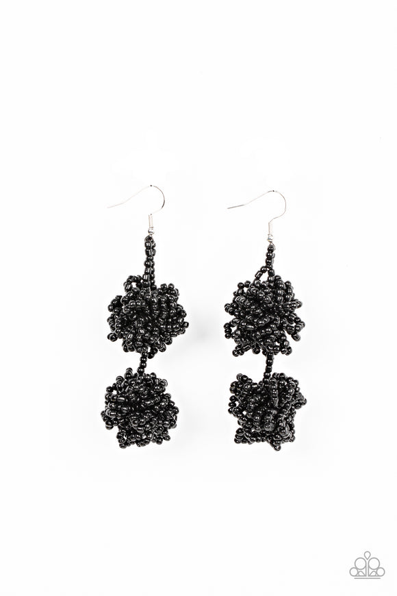 Strands of shiny black seed beads delicately knot into an elegantly clustered lure, creating a stellar modern look. Earring attaches to a standard fishhook fitting.  Sold as one pair of earrings.