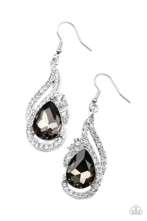 White rhinestone encrusted silver bars delicately whirl around an oversized smoky teardrop gem, creating a smoldering lure. Earring attaches to a standard fishhook fitting.  Sold as one pair of earrings.