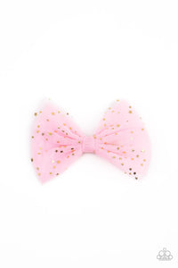 Flecked in dainty gold stars, ribbons of pink tulle delicately knot into a twinkly bow for a stellar fashion. Features a standard hair clip on the back.  Sold as one individual hair clip.