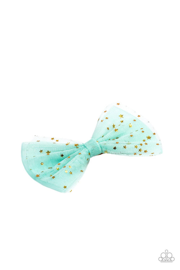 Flecked in dainty gold stars, ribbons of minty green tulle delicately knot into a twinkly bow for a stellar fashion. Features a standard hair clip on the back.  Sold as one individual hair clip.
